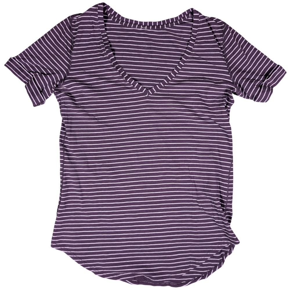 Lululemon Womens Size 6 Love Tee Purple White Striped Short Sleeve V Neck Shirt